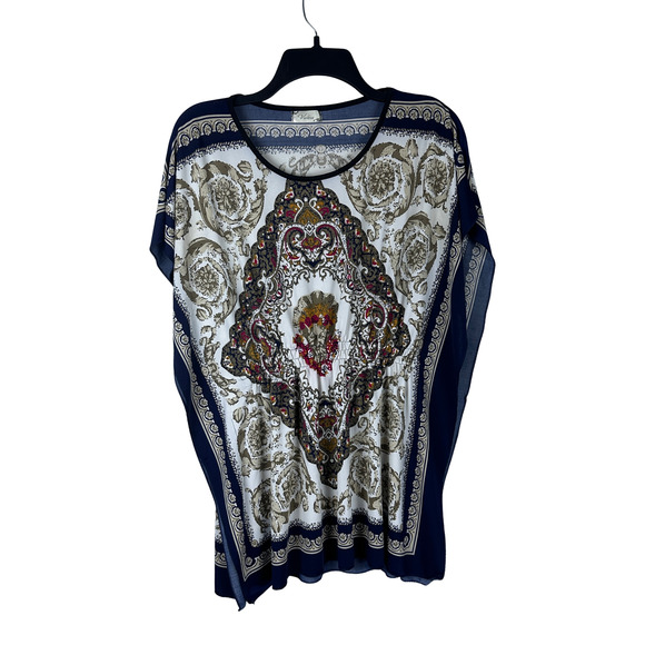 Victoria‎ Mock Scarf Print Short Sleeve Elastic Waist Blouse - Size Approx. Med - Picture 1 of 4